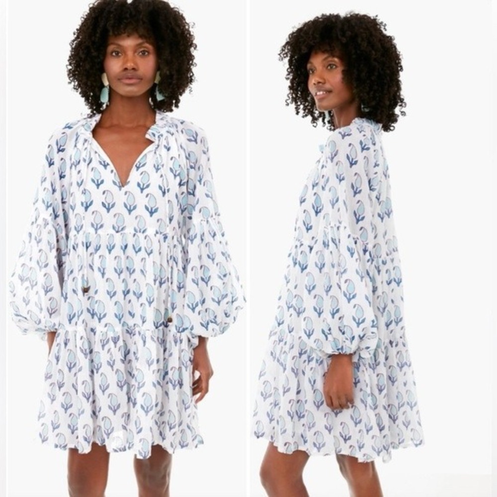 Oliphant Cotton Block Print Tiered Mini Dress Blue White XS